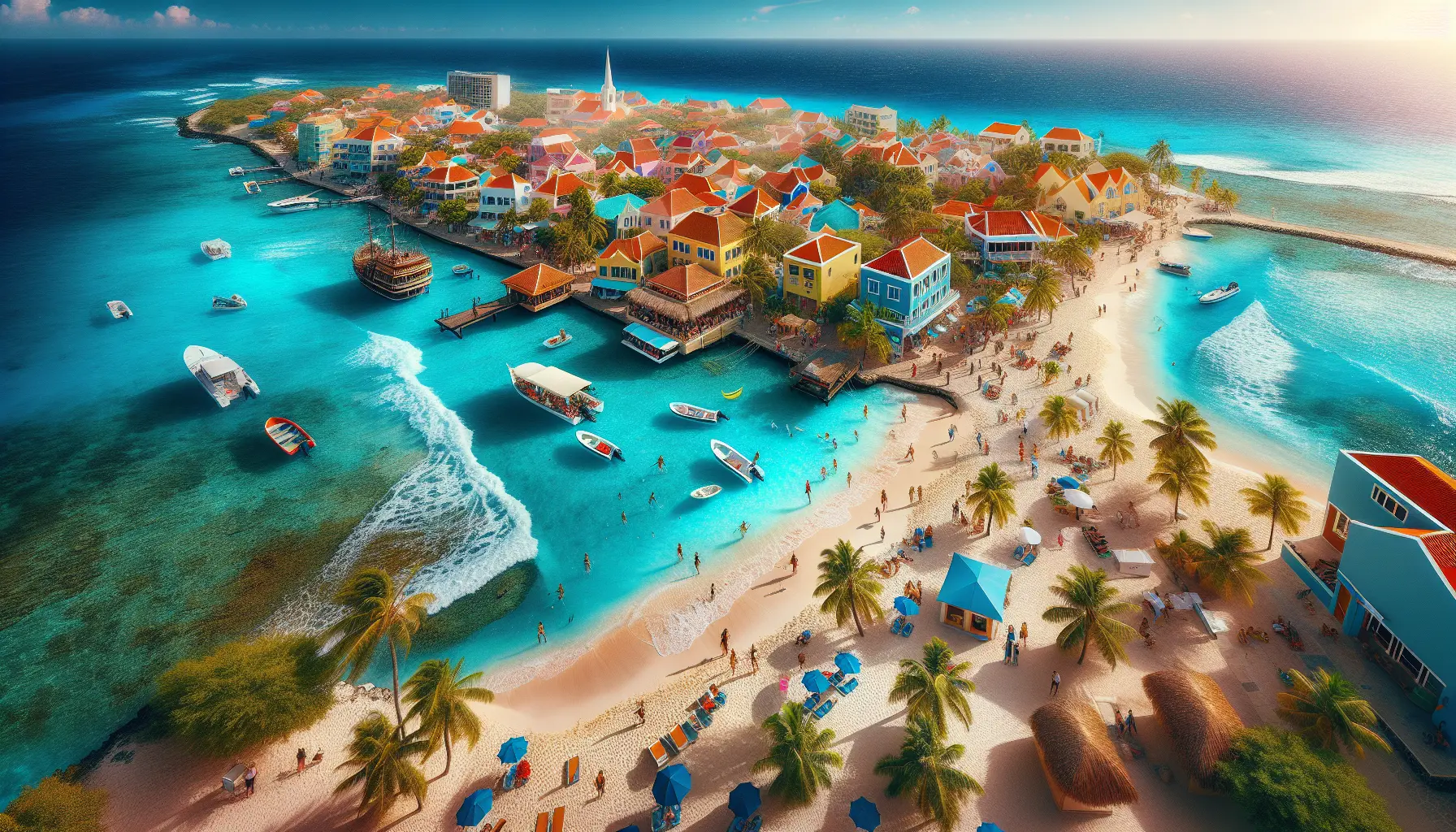 Spiaggia di Curaçao con acque cristalline e sabbia bianca, circondata da palme e un cielo azzurro.