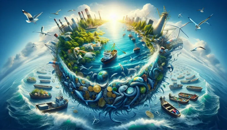 Vista panoramica di un oceano pulito e cristallino con pesci colorati che nuotano tra le alghe verdi, rappresentando la salute degli ecosistemi marini.