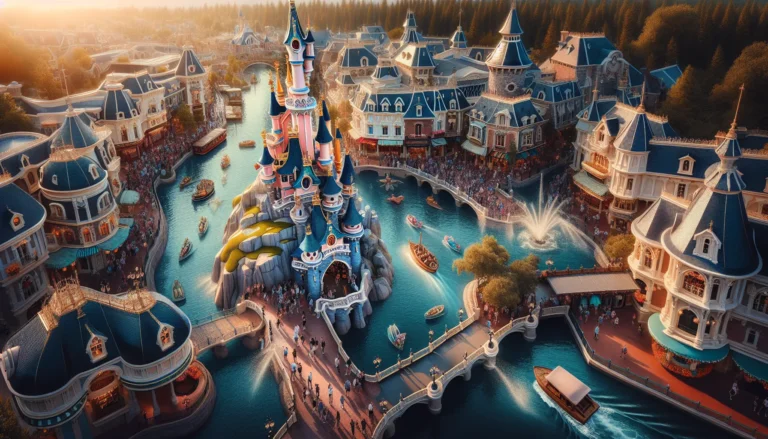 Vista del castello di Disneyland Paris illuminato durante uno spettacolo di fuochi d'artificio