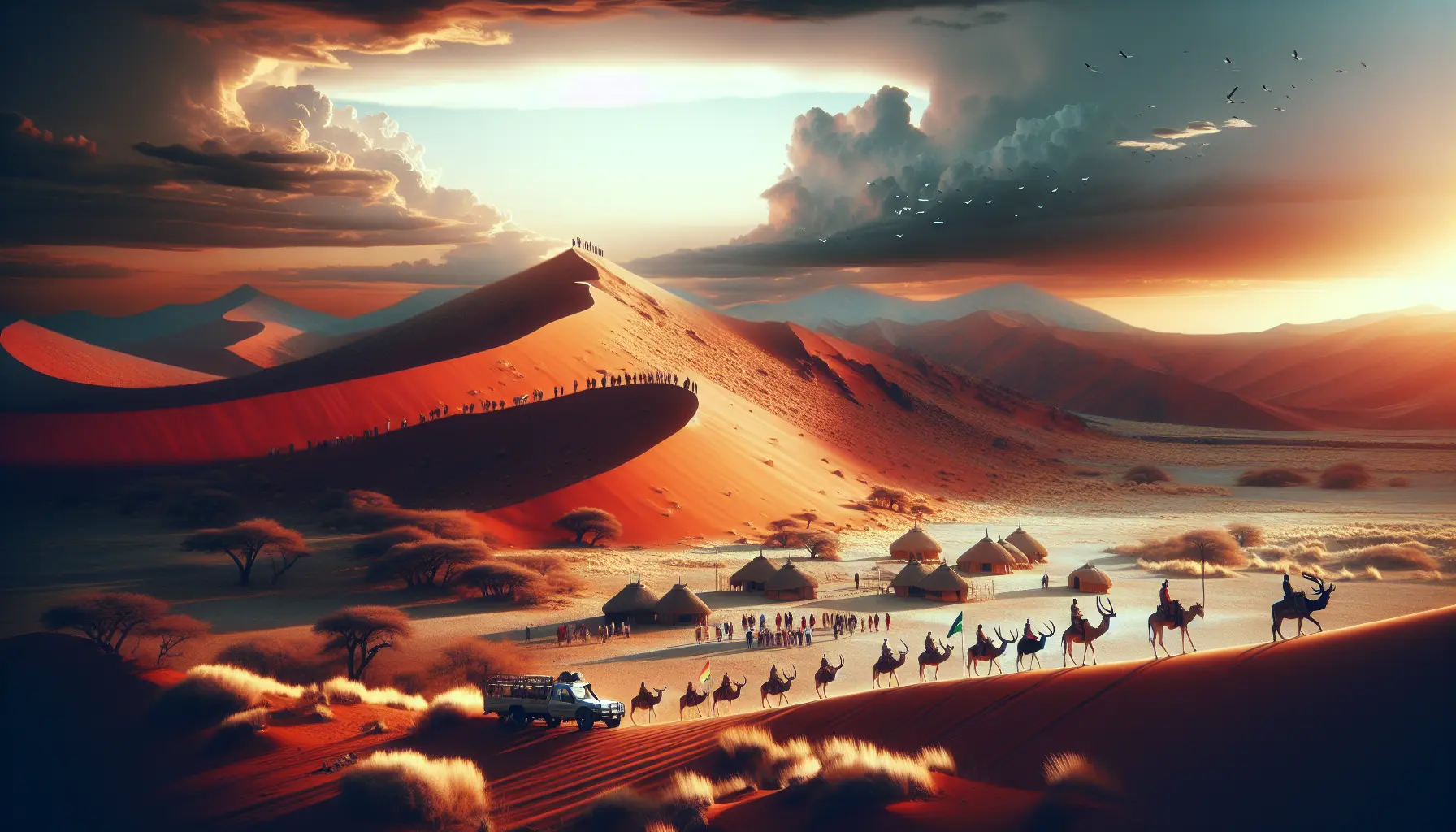 Panorama del Deserto del Namib con dune rosse e cielo blu, rappresentante la bellezza naturale della Namibia.