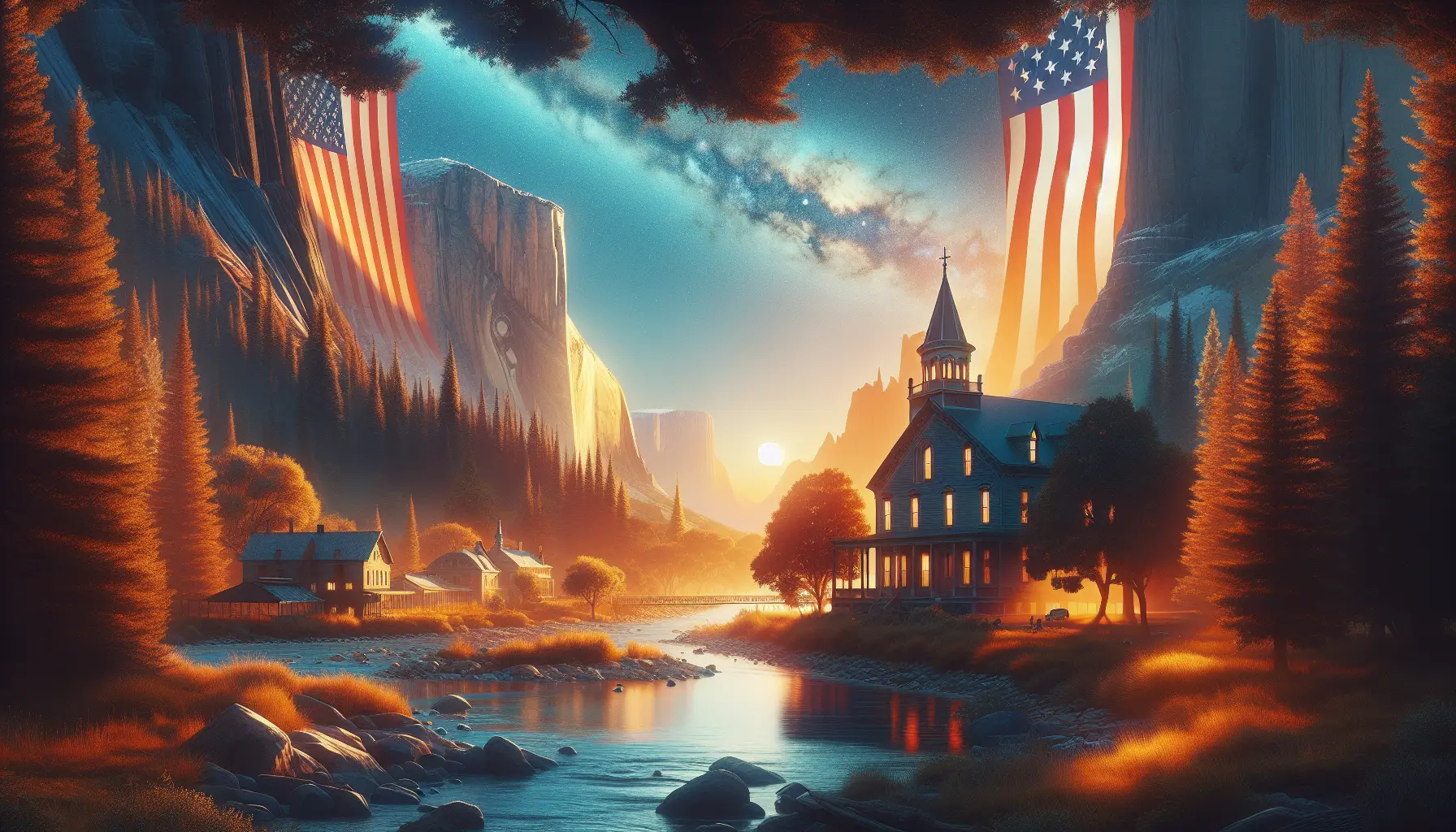 Panorama degli Stati Uniti d'America con una vista sulle montagne e una metropoli sullo sfondo.