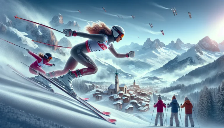 Federica Brignone in azione sulle nevi italiane, con il suo equipaggiamento da sci e un sorriso determinato, pronta a conquistare la pista.