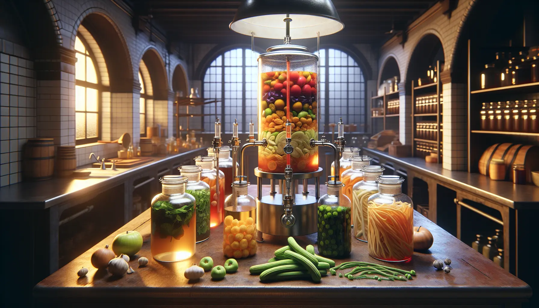 Barattoli di verdure fermentate in un ambiente di cucina rustica
