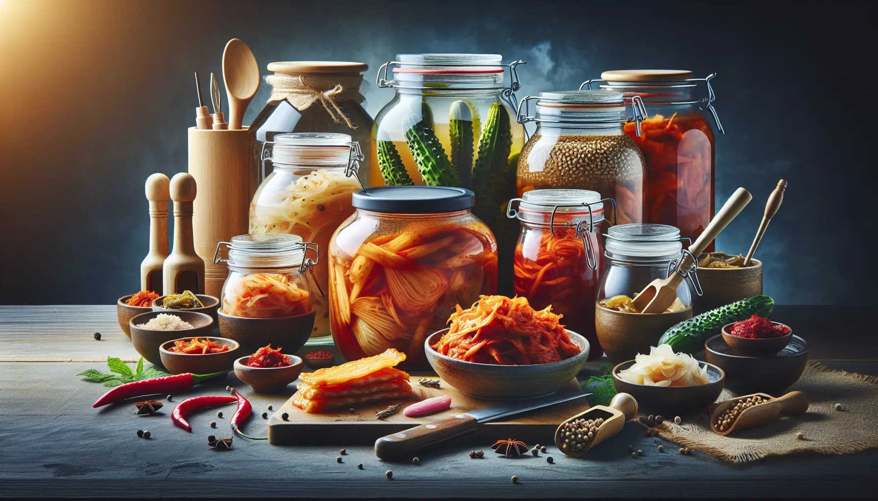 Un assortimento di kimchi e altri alimenti fermentati disposti su un tavolo rustico, rappresentando la creatività culinaria nella fermentazione.