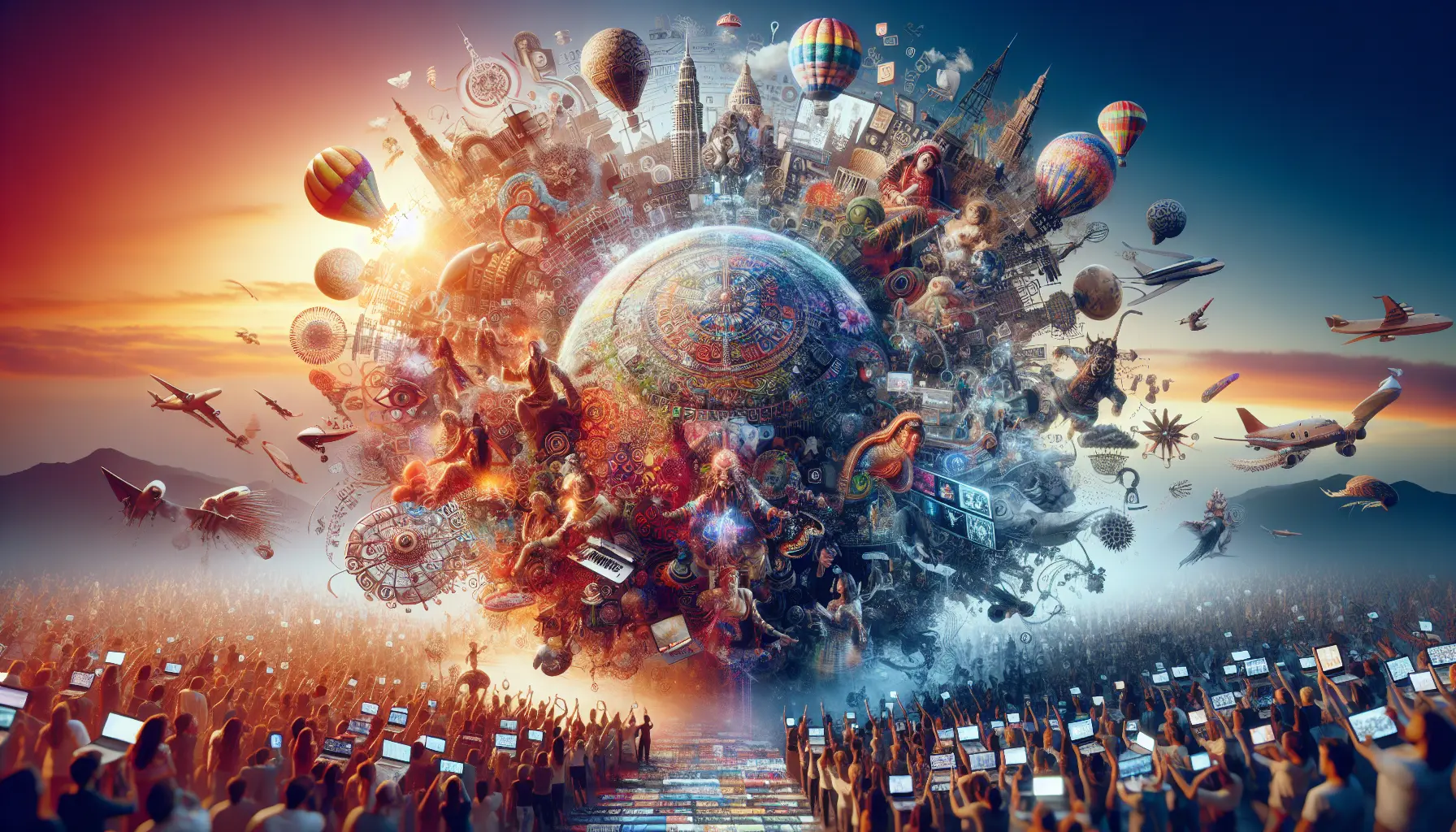 Un collage di festival culturali digitali con elementi tradizionali e moderni, come esposizioni artistiche online, concerti e danze, che mostrano la fusione di culture diverse attraverso il digitale.