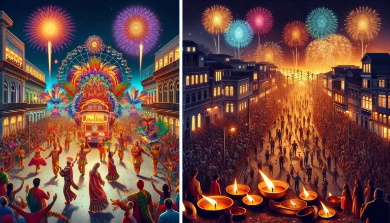 Un'immagine che rappresenta diversi festival culturali nel mondo, mostrando colori vivaci e celebrazioni tradizionali.