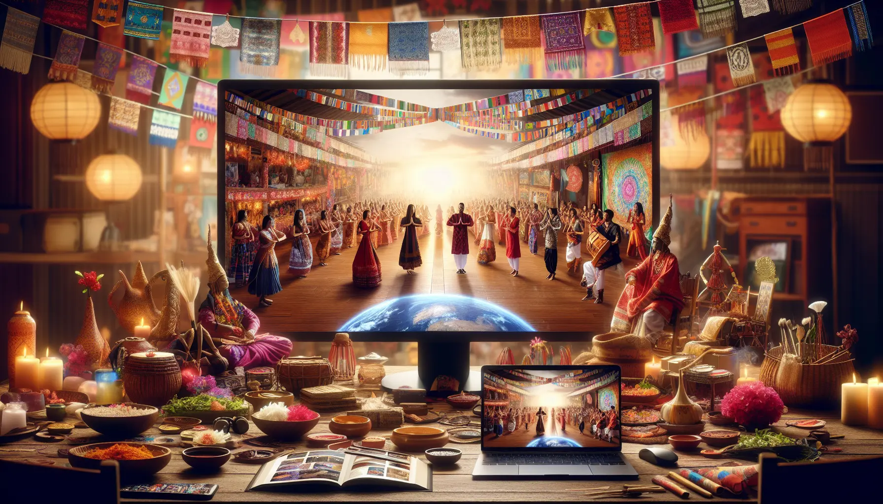 Un gruppo di persone che partecipa a un festival culturale virtuale, interagendo attraverso una piattaforma online.