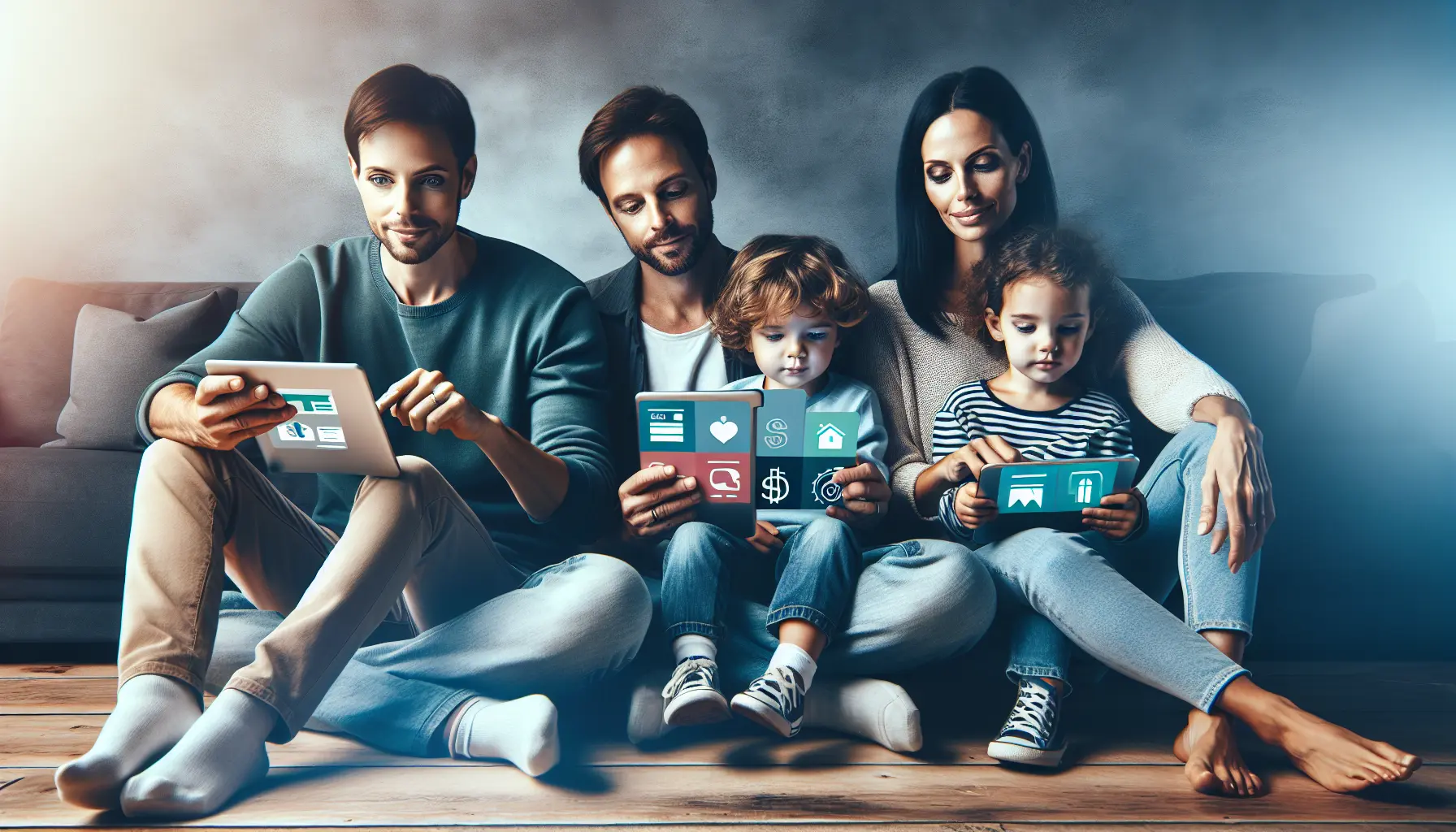 Un gruppo di famiglie felici che usa smartphone per gestire le proprie finanze