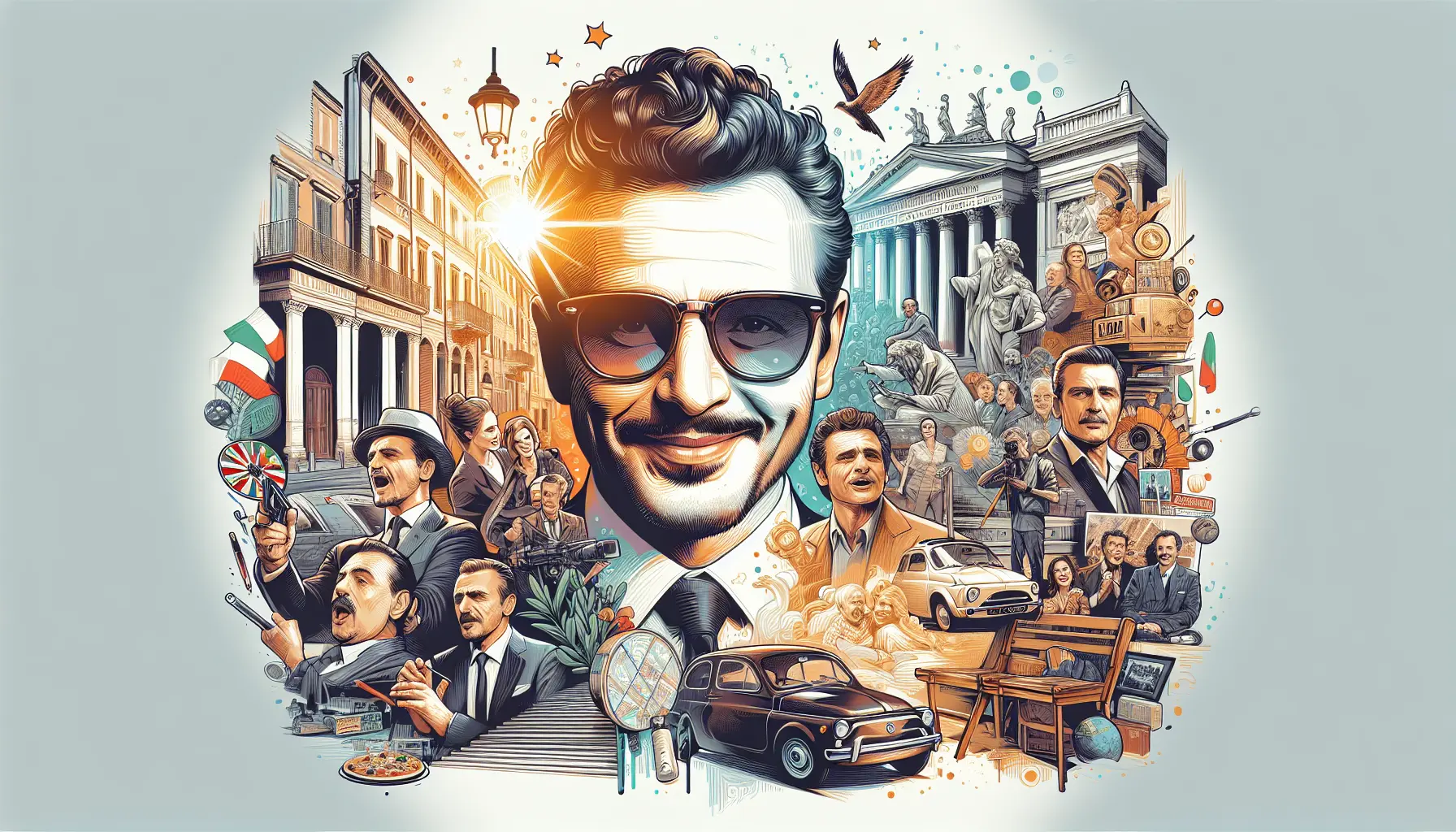 Fiorello in un momento di spettacolo, sorridente e coinvolgente, rappresenta la gioia e l'arte dell'intrattenimento italiano.