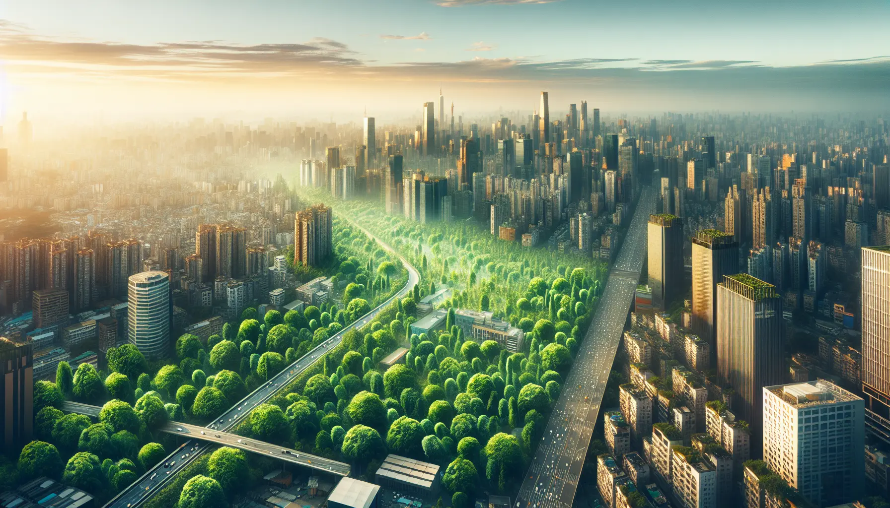 Una foresta urbana con alberi rigogliosi e spazi verdi in una città moderna