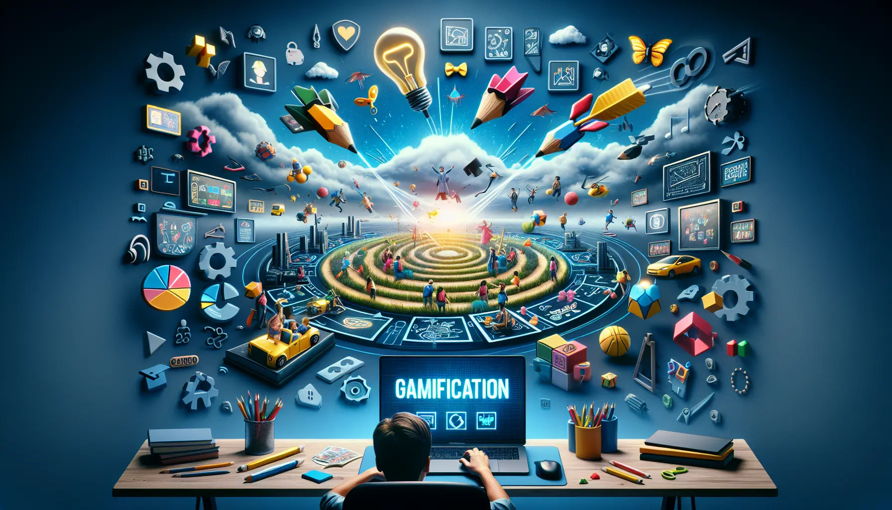 Un gruppo di studenti che gioca a un gioco educativo in classe, sorridenti e coinvolti nell'apprendimento.