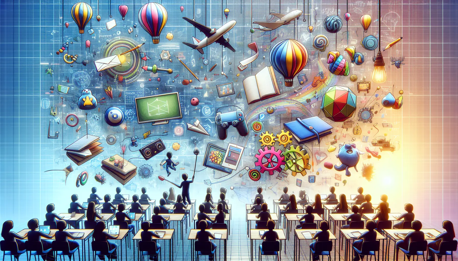 Un gruppo di studenti coinvolti in un'attività di apprendimento gamificata, con schermi e dispositivi che mostrano elementi di gioco.