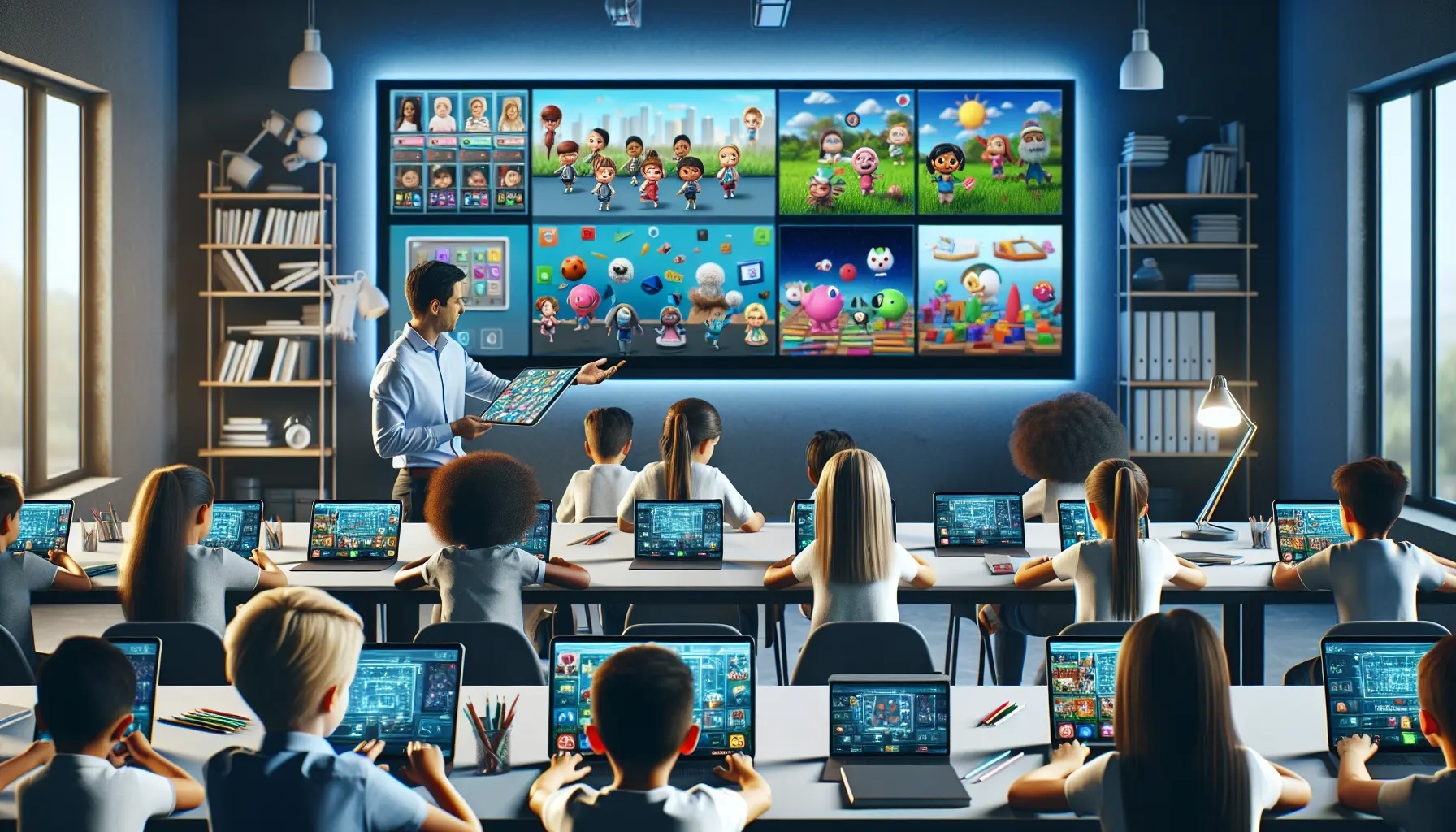 Studente che interagisce con un'app di gamification in aula, sorridente e coinvolto nell'apprendimento.