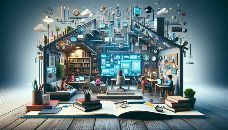 Un ambiente di apprendimento domestico con studenti che utilizzano risorse digitali per studiare