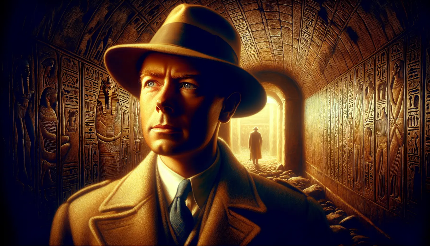 Howard Carter mentre esplora la tomba di Tutankhamon, circondato da reperti antichi e tesori dell'antico Egitto.