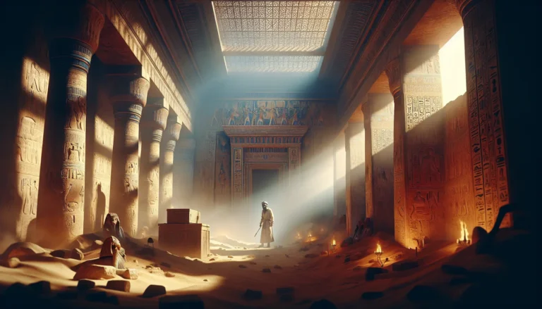 Howard Carter mentre esplora la tomba di Tutankhamon, circondato da reperti archeologici