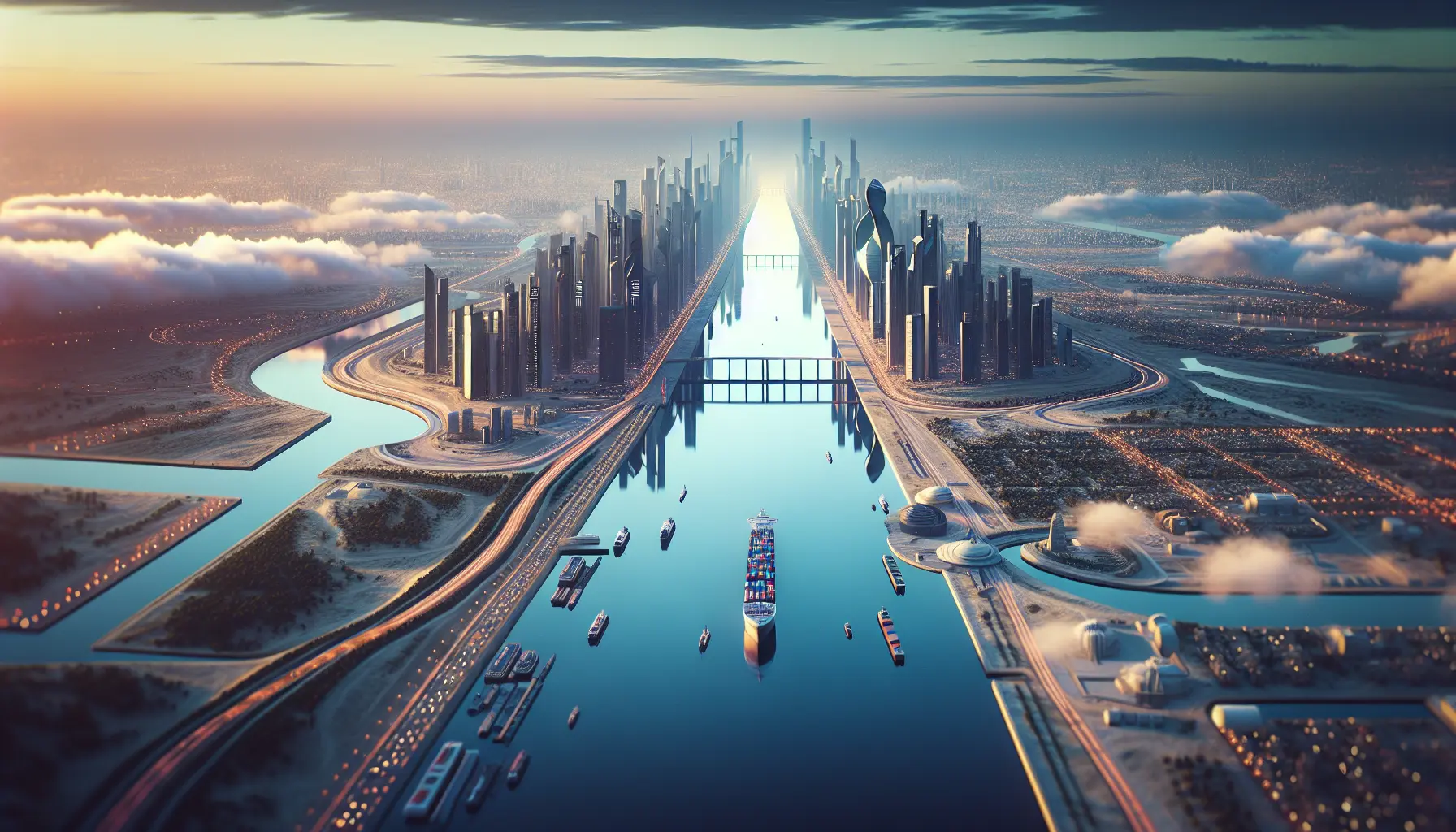 Vista panoramica del Canale di Suez con navi in transito, simbolo di connessione globale e commercio marittimo.