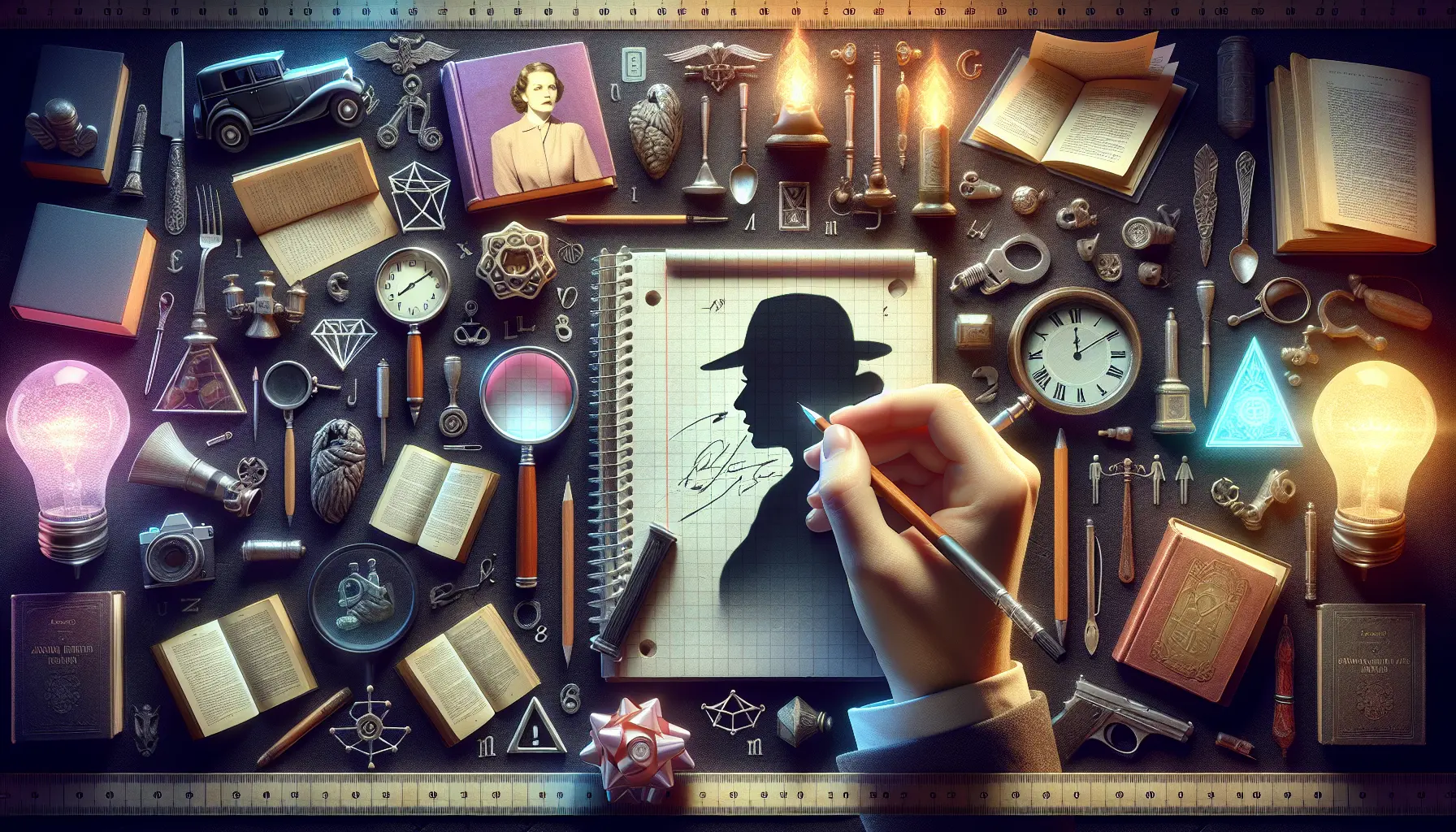 Un libro aperto con una penna e una tazza di tè, simbolo dell'atmosfera di lettura delle opere di Agatha Christie.