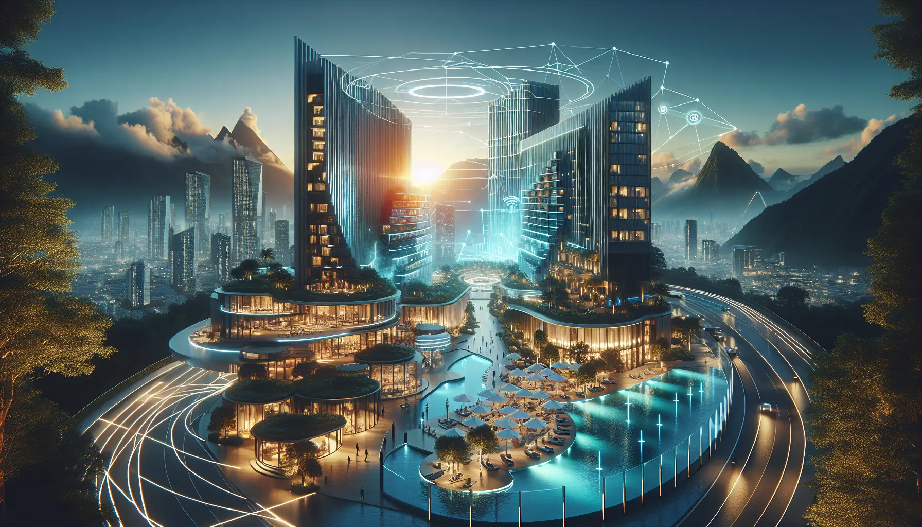 Interno di un hotel di lusso con tecnologia smart e decorazioni eleganti