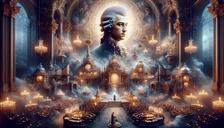 Ritratto di Wolfgang Amadeus Mozart circondato da spartiti musicali e strumenti.