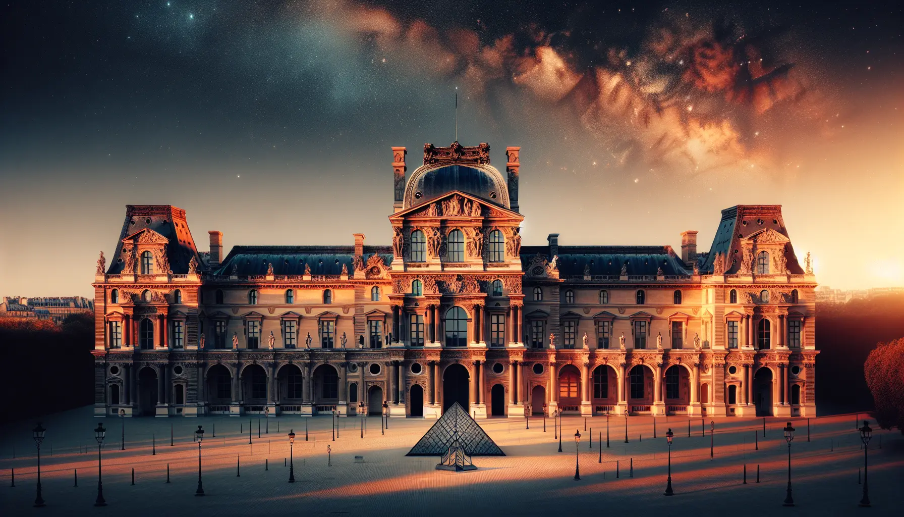 Vista panoramica della Piramide di vetro del Louvre con il palazzo storico sullo sfondo, simbolo di arte e cultura a Parigi.