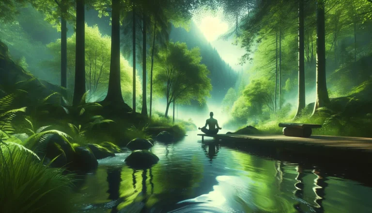 Un sentiero nel bosco circondato da alberi e luce solare che filtra attraverso le foglie.