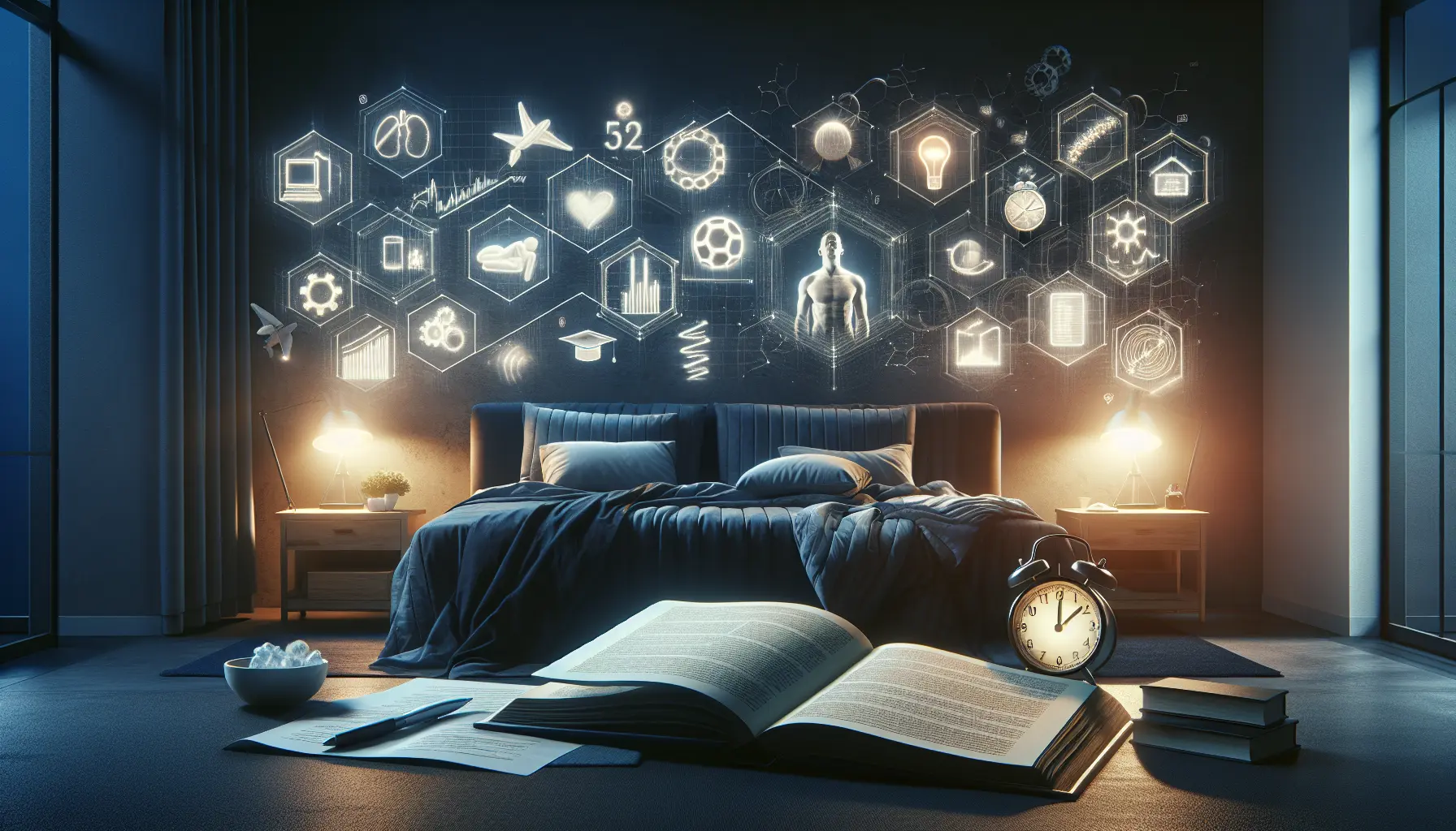 Un ambiente sereno per un sonno di qualità, con luci soffuse e un letto confortevole.