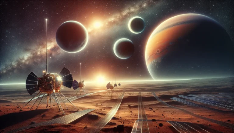 Immagine di una sonda Mariner in orbita attorno a Marte, con dettagli sulla superficie del pianeta rosso.