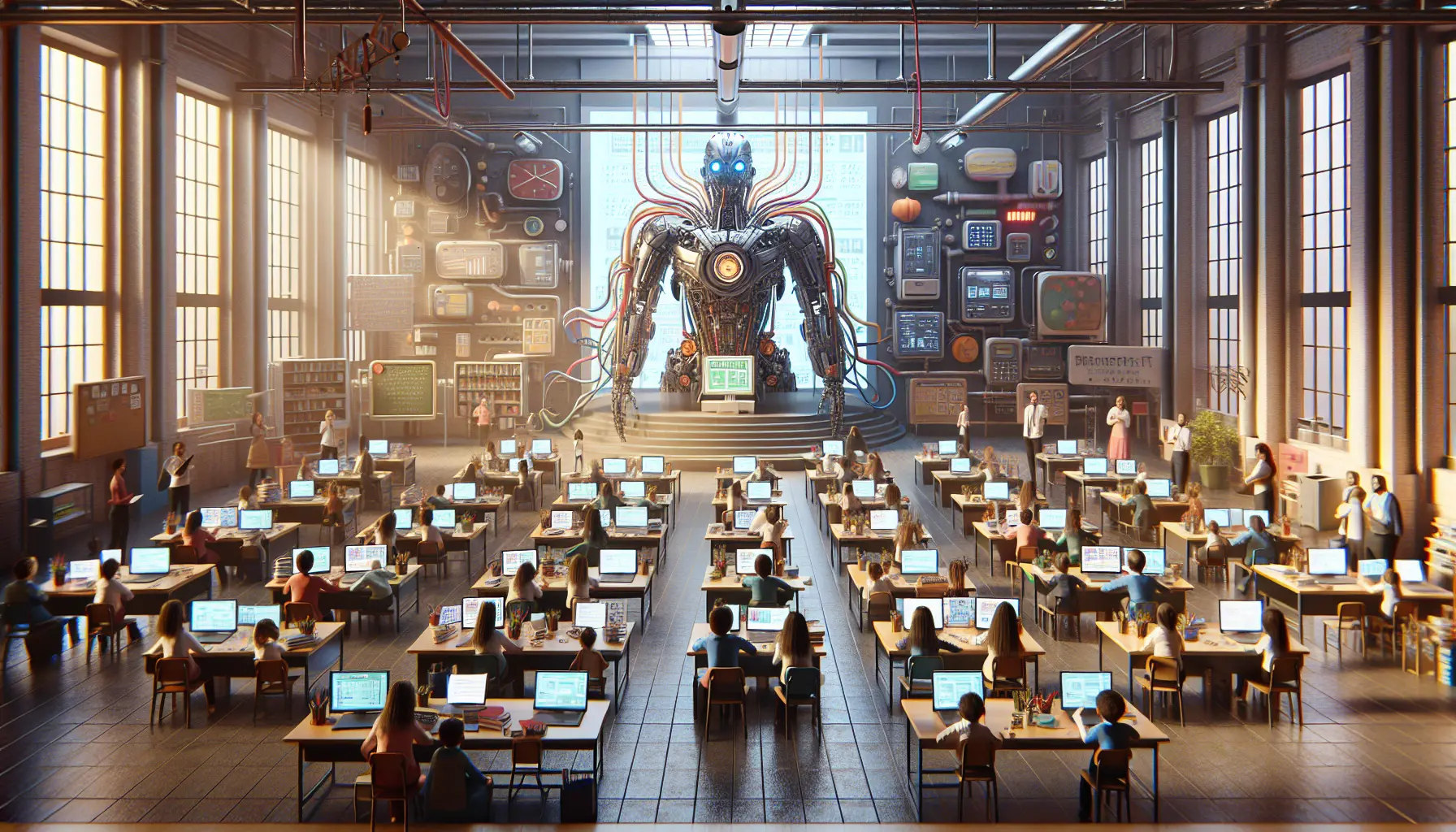 Un insegnante utilizza un computer per gestire il registro elettronico in classe, mentre gli studenti seguono attentamente.