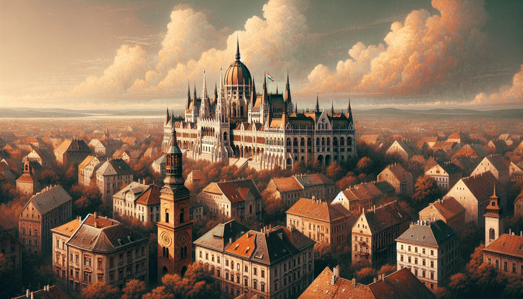 Un paesaggio urbano di Budapest con il Parlamento ungherese sullo sfondo, simbolo della storia e della cultura ungherese.