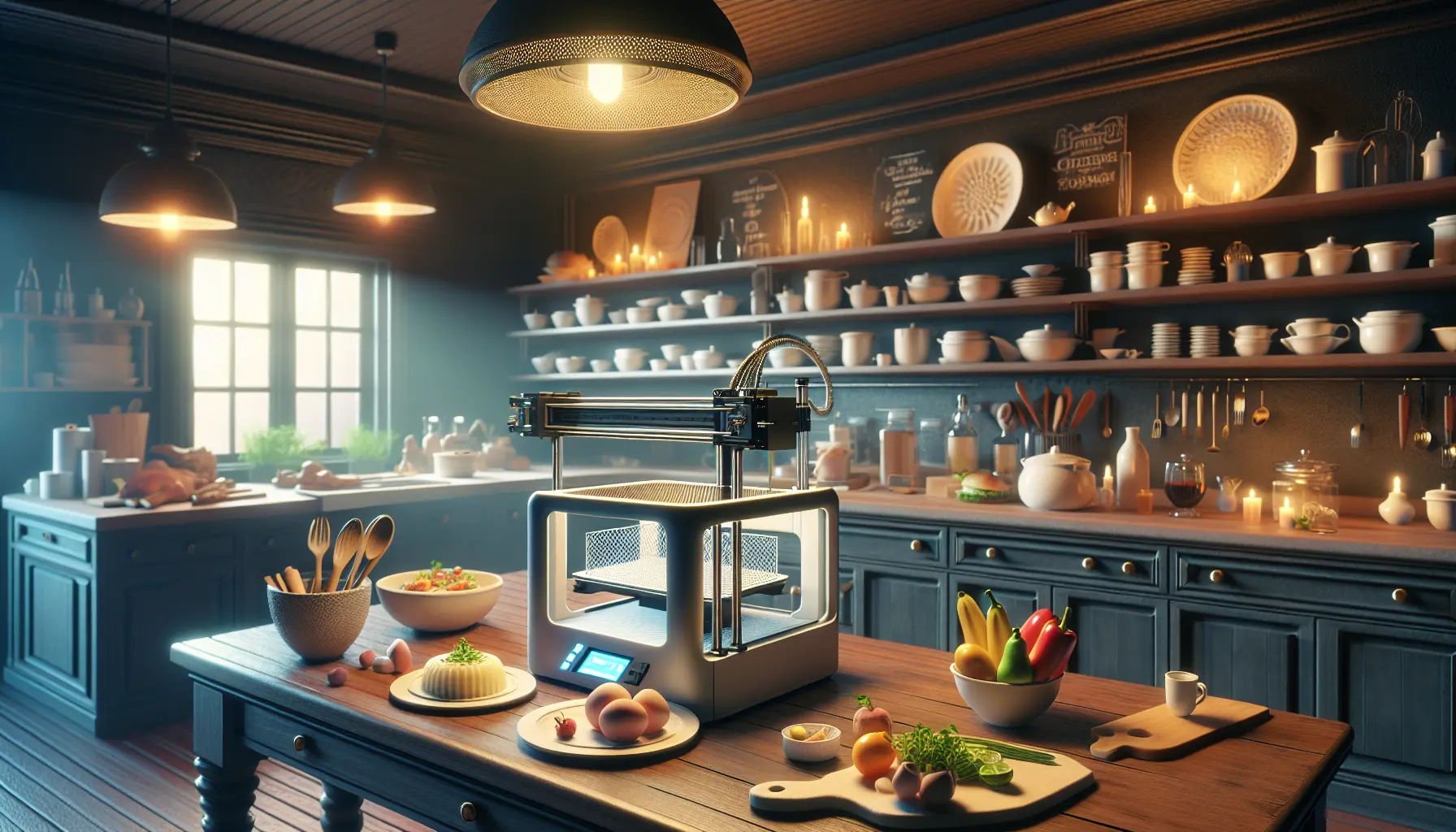 Un piatto gourmet stampato in 3D, con forme artistiche e colori vivaci, rappresentante l'innovazione nella cucina moderna.