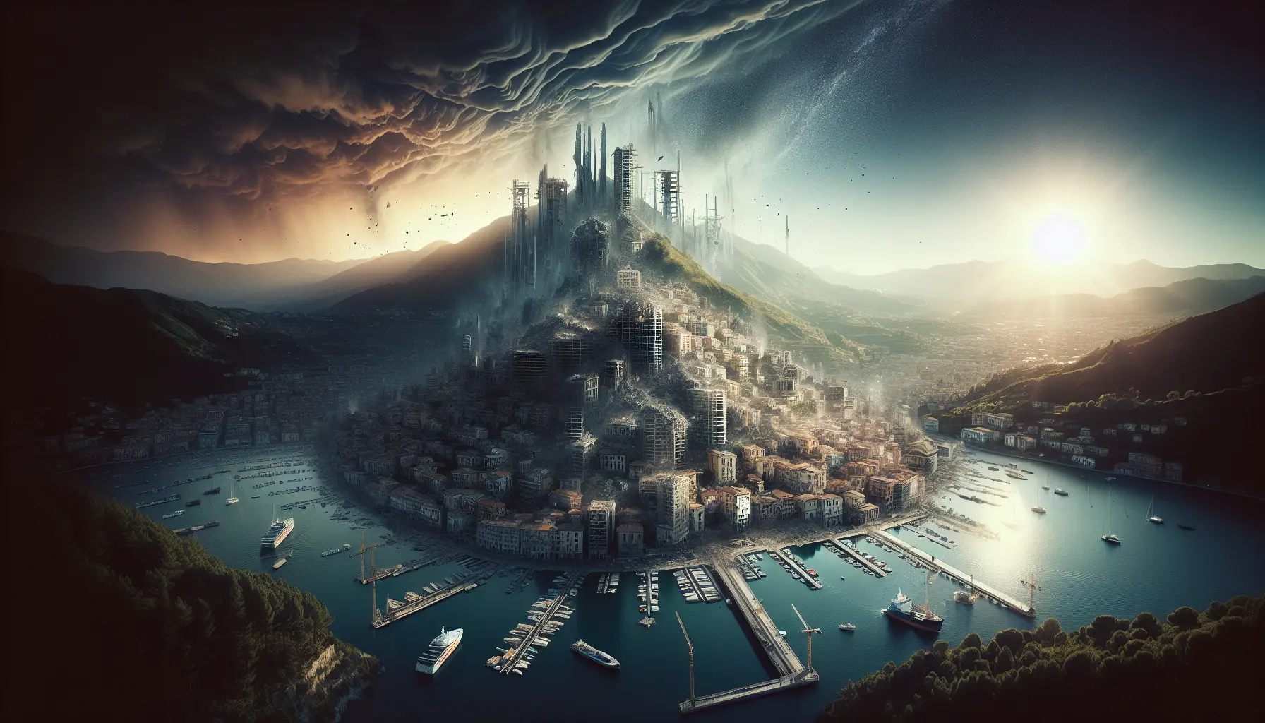 Immagine evocativa del terremoto dell'Irpinia, con ricostruzioni e comunità unite in un progetto di resilienza.