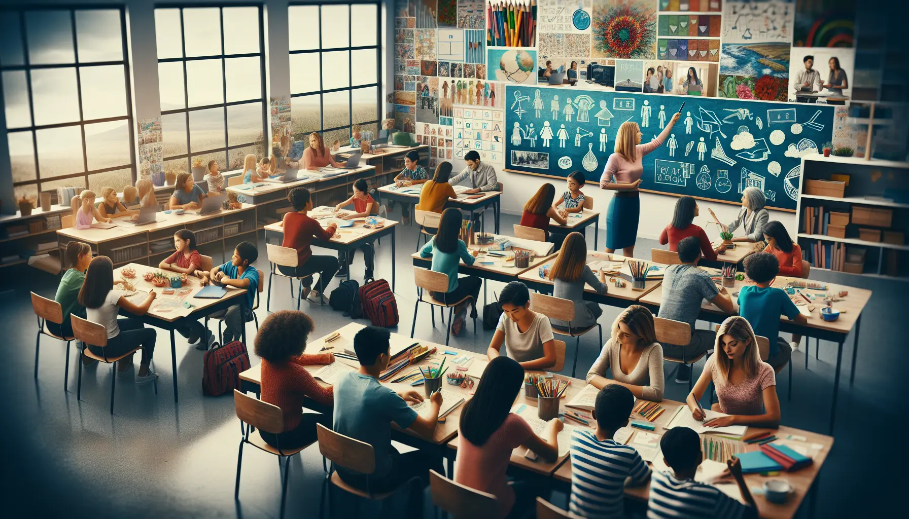 Immagine di una classe inclusiva con bambini di diverse abilità che collaborano insieme