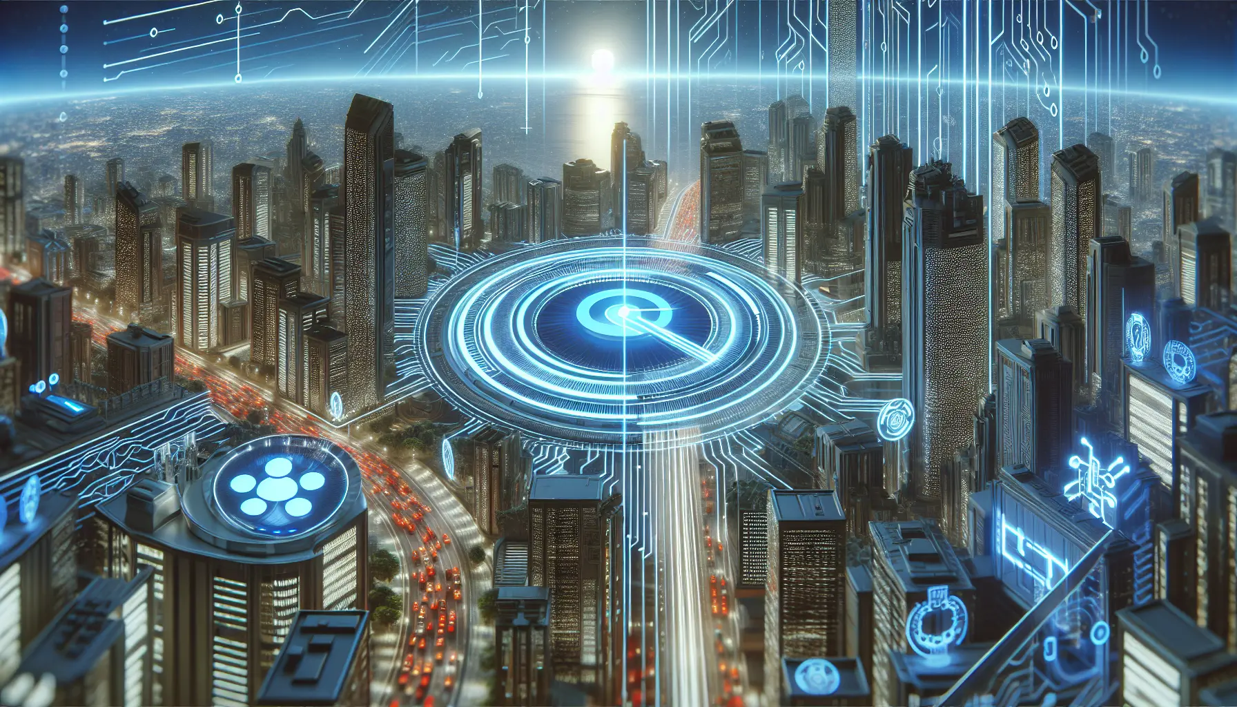 Un'immagine che rappresenta l'interazione tra umanità e intelligenza artificiale, con simboli di etica e innovazione