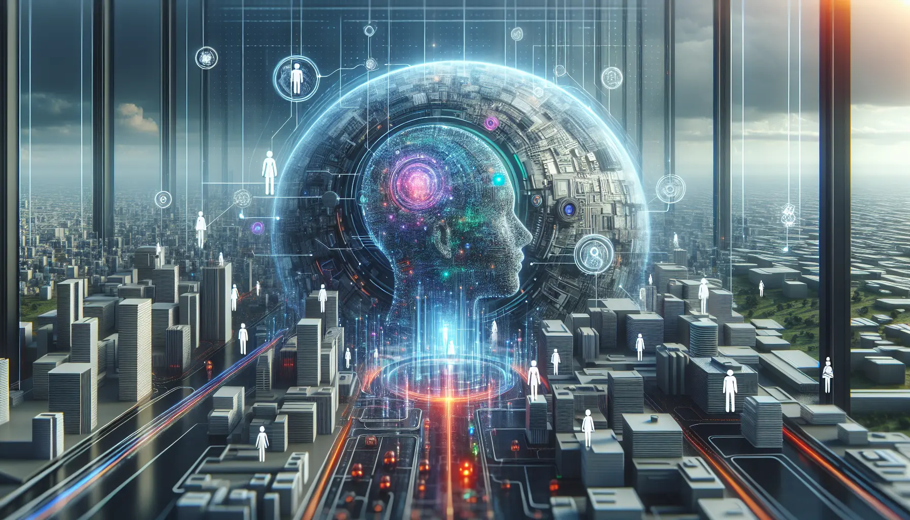Un'immagine che rappresenta il concetto di intelligenza artificiale etica, con elementi visivi che simboleggiano tecnologia e responsabilità.