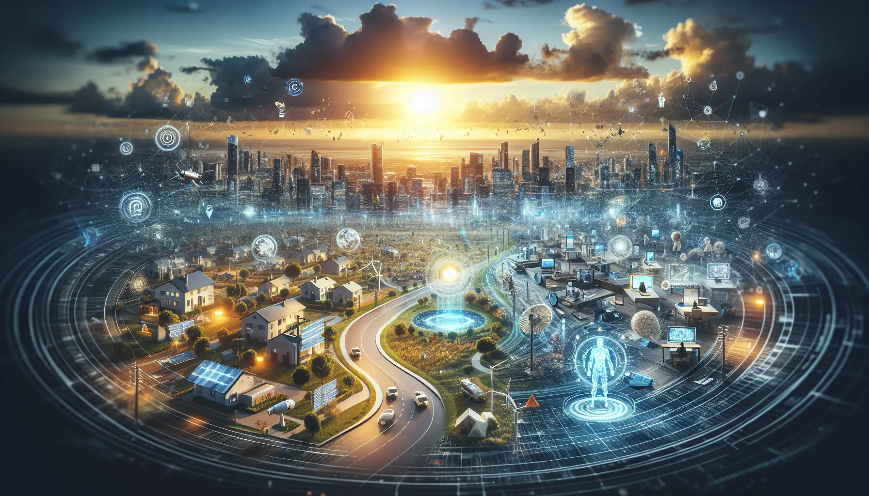 Un'immagine che rappresenta l'integrazione dell'intelligenza artificiale nella vita quotidiana, mostrando dispositivi smart e interazioni umane.
