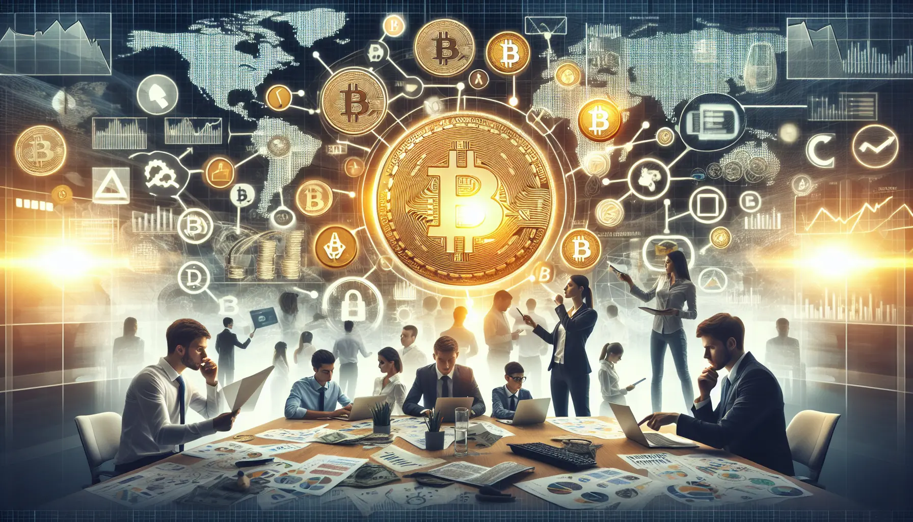 Rappresentazione visiva delle criptovalute con grafici e simboli monetari digitali