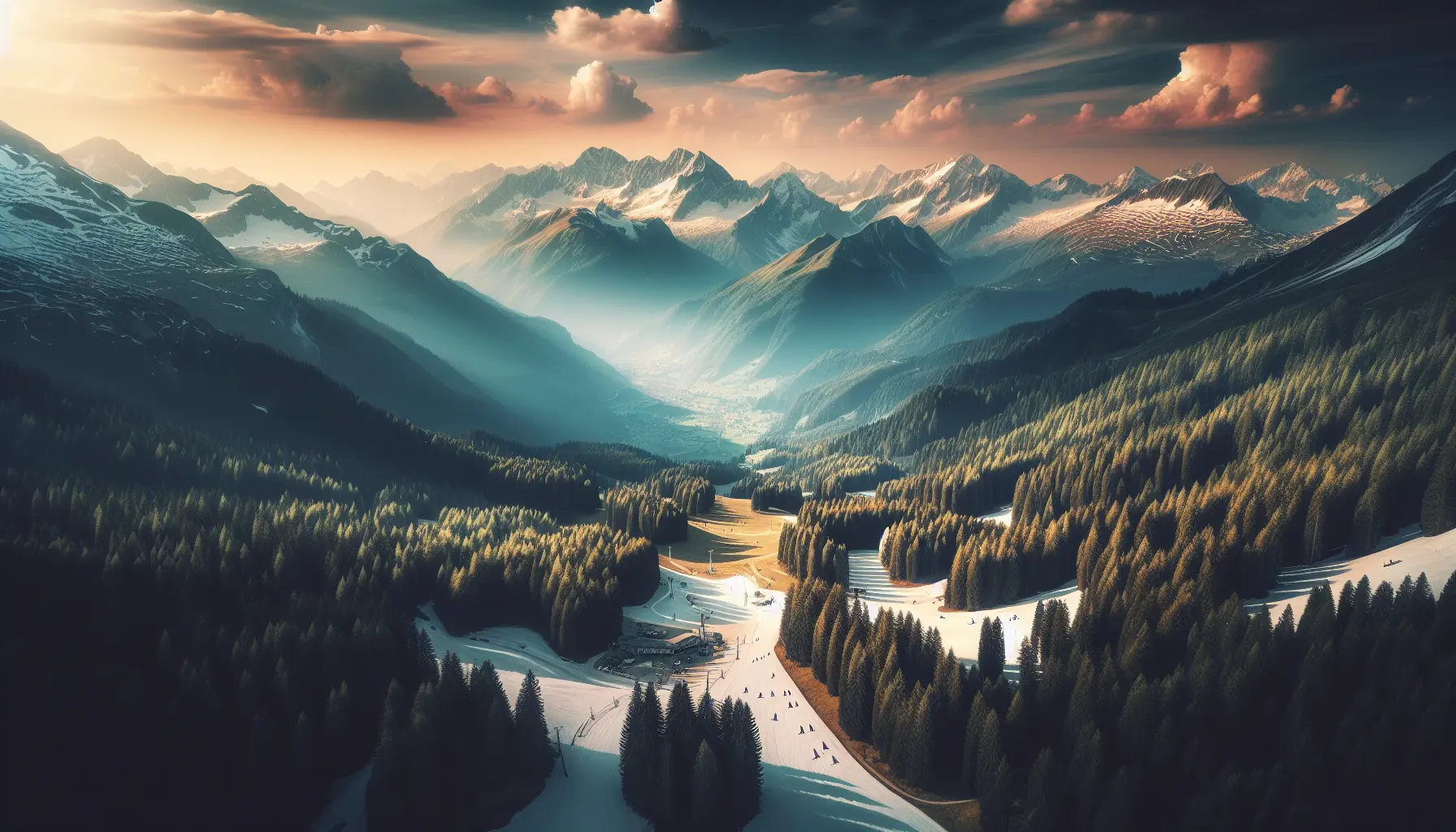 Panorama innevato dell'Abetone con alberi di abete e piste da sci