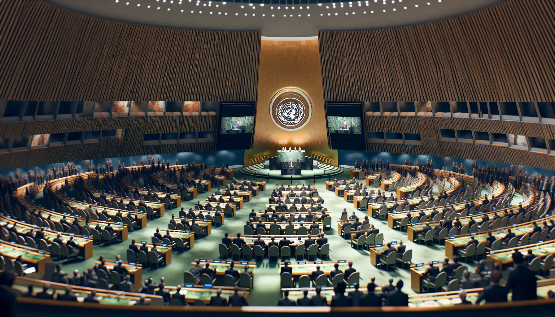 Rappresentazione visiva dell'Assemblea Generale delle Nazioni Unite con delegati di diverse nazioni che discutono temi globali.