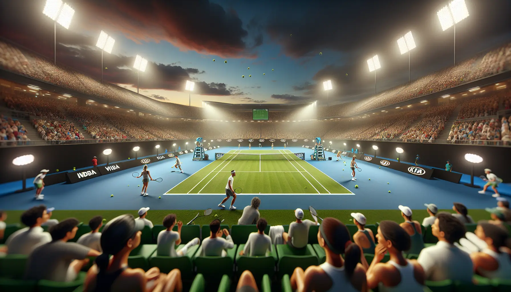Una vista affollata del campo da tennis durante l'Australian Open, con tifosi entusiasti e giocatori in azione.