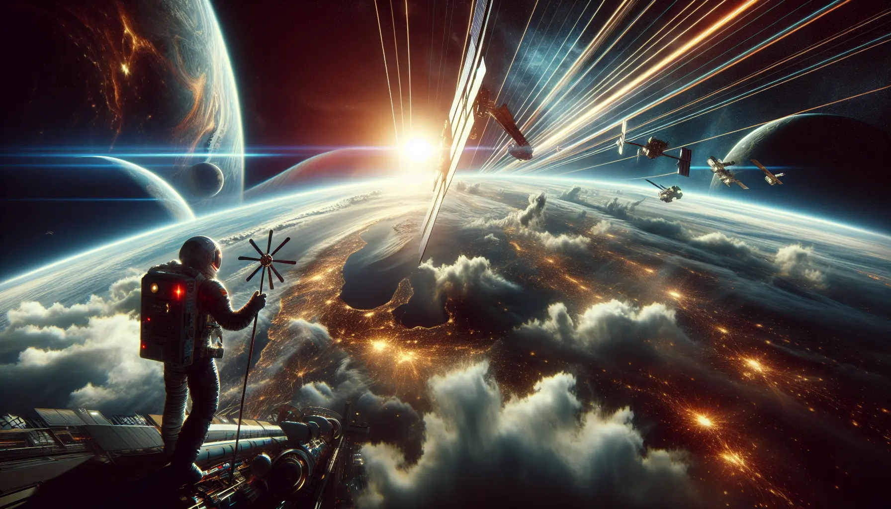 Astronauta che cammina sulla Luna con la Terra sullo sfondo, simbolo dell'esplorazione spaziale della NASA.