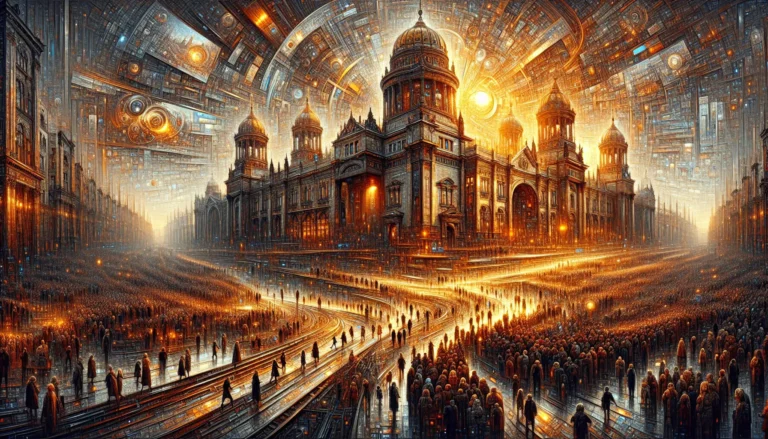 Immagine evocativa della cultura e innovazione sovietica, rappresentante arte e scienza in un contesto urbano.