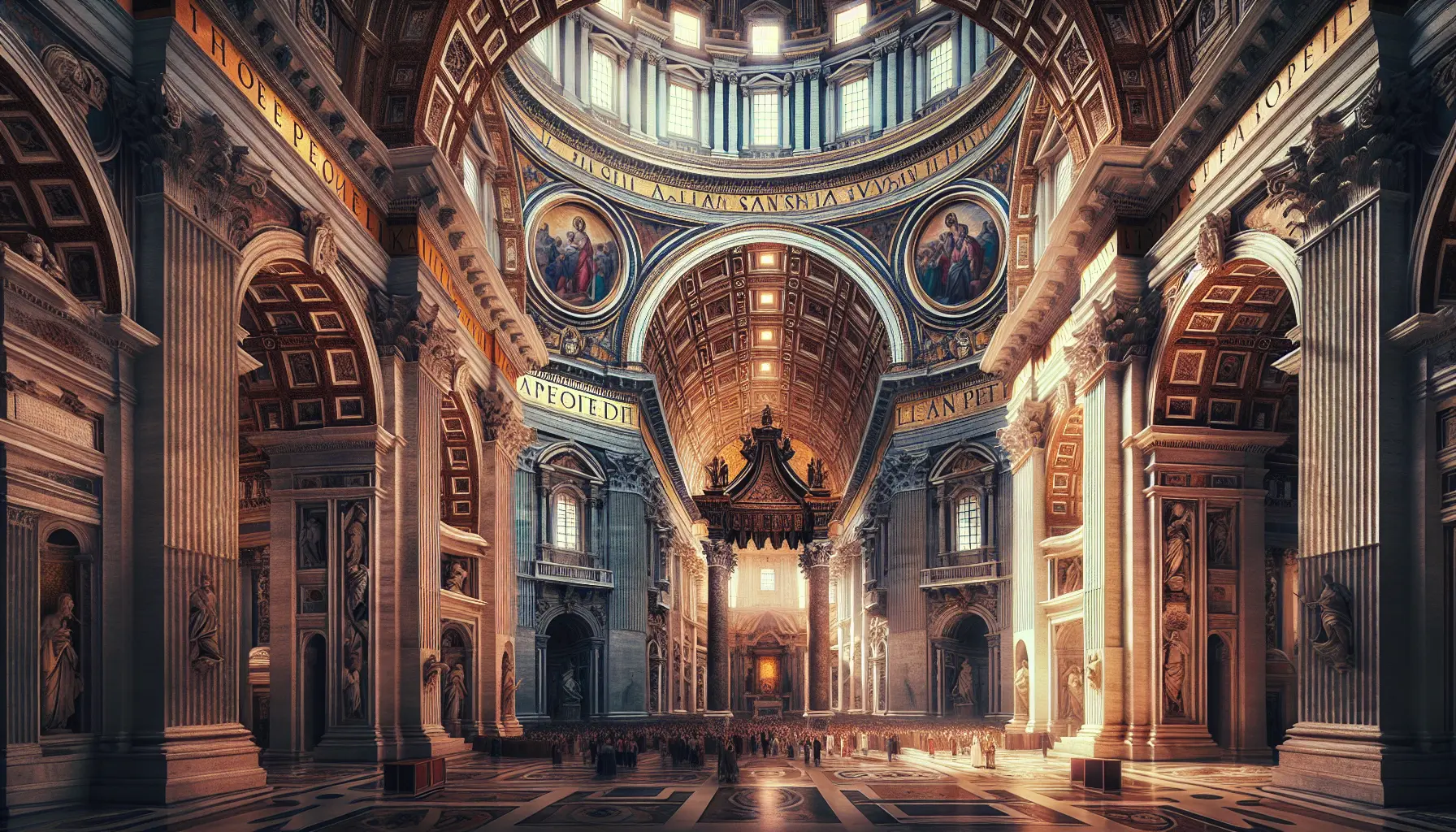 Vista panoramica della Basilica di San Pietro con la cupola che si erge verso il cielo, circondata da un cielo azzurro e nuvole bianche.