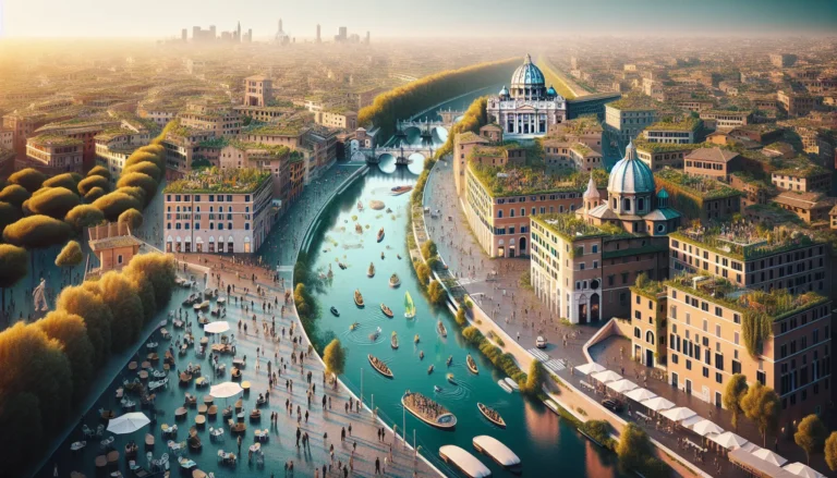 Cittadini che partecipano alla Domenica Ecologica a Roma, passeggiando e pedalando per le strade della città in un ambiente pulito e sereno.