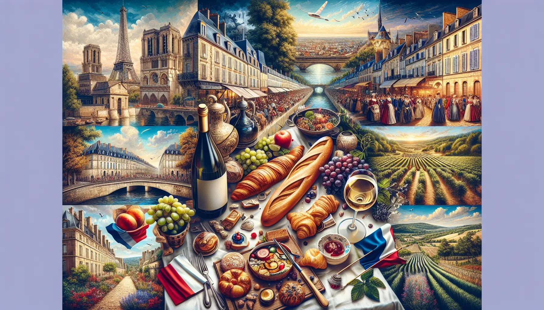 Scorcio di un paesaggio francese con un castello e vigneti, rappresentativo della cultura e tradizioni francesi.