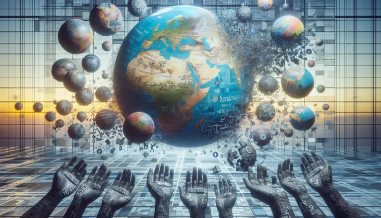 Mappa del mondo con lingue minoritarie evidenziate, simbolo della diversità linguistica.