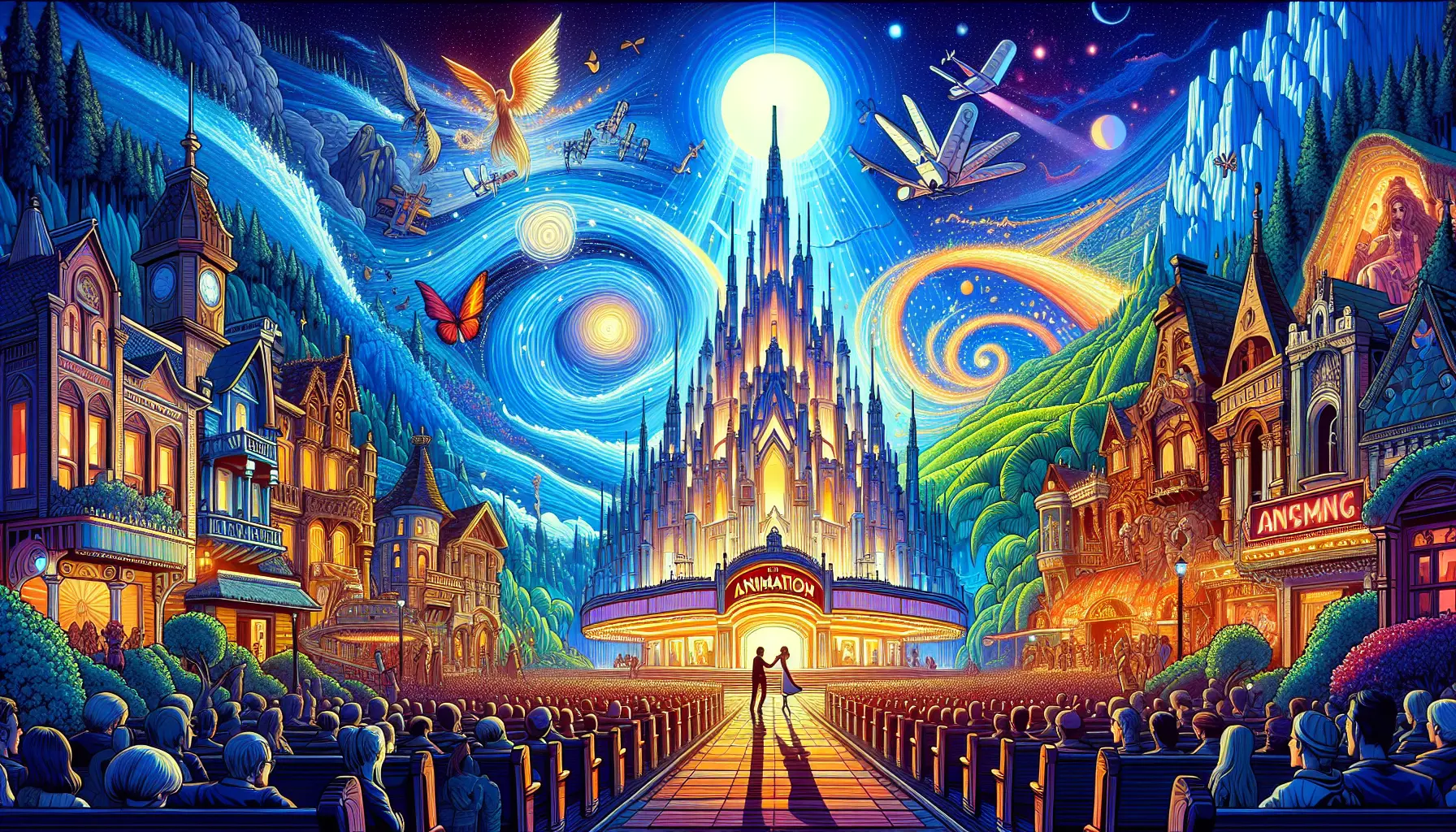 Un collage di scene iconiche da film d'animazione, mostrando personaggi colorati e mondi fantastici.