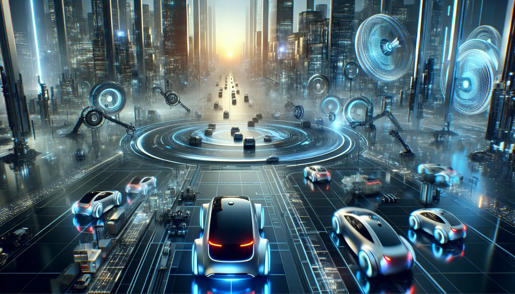 Un veicolo autonomo si muove attraverso una città moderna, illustrando il futuro della mobilità sostenibile e intelligente.