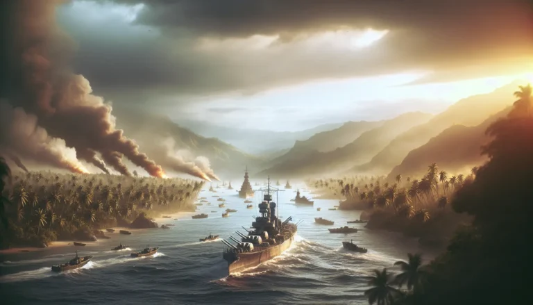 Navi da guerra in battaglia nel Pacifico durante la Seconda Guerra Mondiale