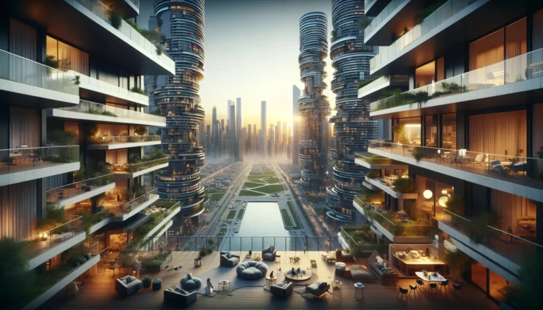 Un gruppo di persone che condividono uno spazio di co-living moderno, con aree comuni e ambienti collaborativi.